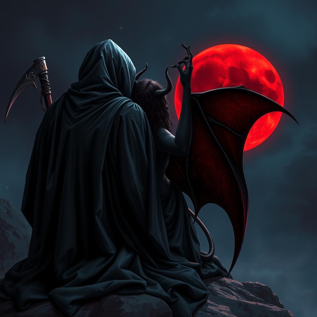 The Grim Reaper, with his back turned towards the viewer, is captured in a moment of reflection as he gazes at a mesmerizing blood moon illuminating the night sky with its deep crimson hue