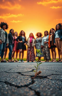A powerful and inspiring scene depicting multiracial women standing confidently together in a vibrant dawn