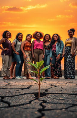 A powerful and inspiring scene depicting multiracial women standing confidently together in a vibrant dawn