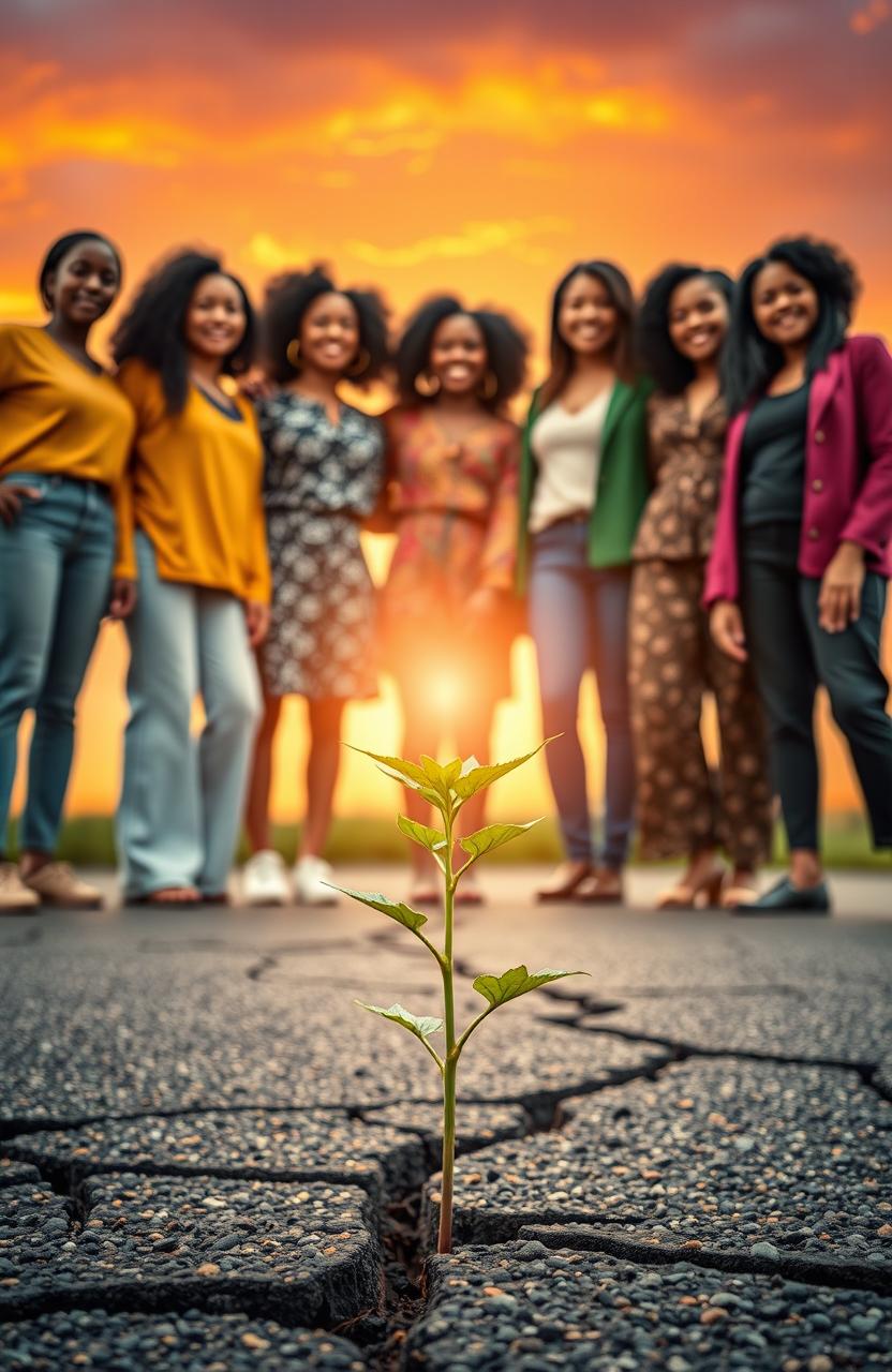 A powerful and inspiring scene depicting multiracial women standing confidently together in a vibrant dawn