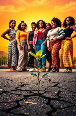 A powerful and inspiring scene depicting multiracial women standing confidently together in a vibrant dawn