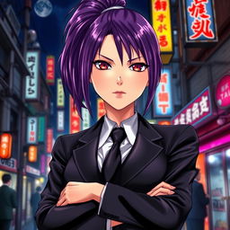 A light novel cover featuring a tall female yakuza with glossy purple hair styled in a high ponytail and striking crimson eyes