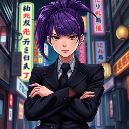 A light novel cover featuring a tall female yakuza with glossy purple hair styled in a high ponytail and striking crimson eyes