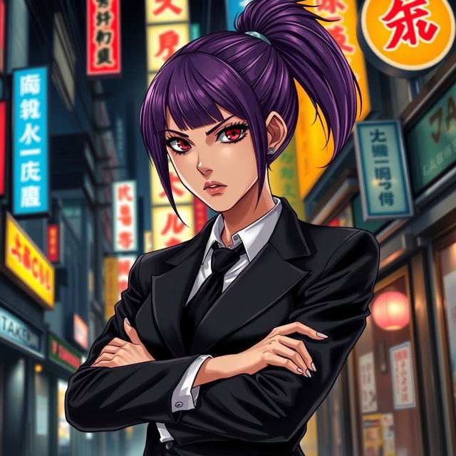 A light novel cover featuring a tall female yakuza with glossy purple hair styled in a high ponytail and striking crimson eyes