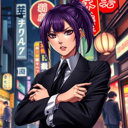 A light novel cover featuring a tall female yakuza with glossy purple hair styled in a high ponytail and striking crimson eyes