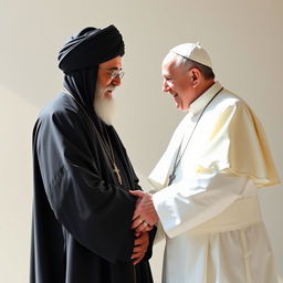 Imam Khomeini and Pope Francis shaking hands, set against a bright and serene background