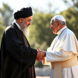 Imam Khomeini and Pope Francis shaking hands, set against a bright and serene background