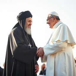 Imam Khomeini and Pope Francis shaking hands, set against a bright and serene background