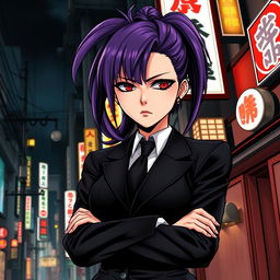 A tall female yakuza character depicted in a manga art style, featuring glossy purple hair styled in a ponytail and striking crimson eyes
