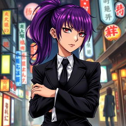A tall female yakuza character depicted in a manga art style, featuring glossy purple hair styled in a ponytail and striking crimson eyes