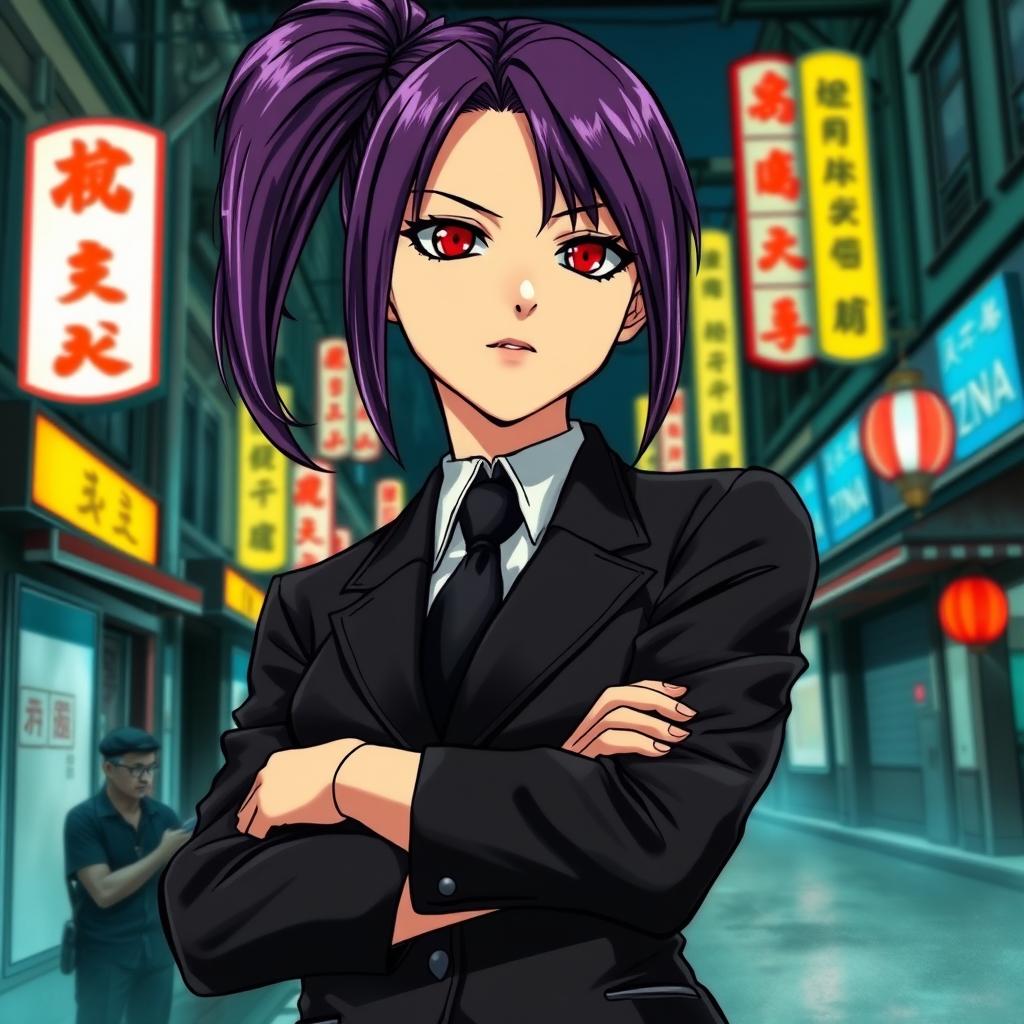 A tall female yakuza character depicted in a manga art style, featuring glossy purple hair styled in a ponytail and striking crimson eyes