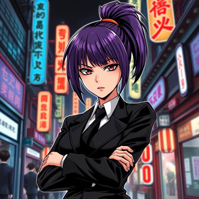 A tall female yakuza character depicted in a manga art style, featuring glossy purple hair styled in a ponytail and striking crimson eyes