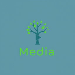 A minimalistic logo design representing the concepts of media and environment, featuring a stylized tree intertwined with a digital element like a pixel or a play button, using a clean and simple color palette of greens and blues to symbolize nature and technology