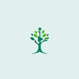 A minimalistic logo design representing the concepts of media and environment, featuring a stylized tree intertwined with a digital element like a pixel or a play button, using a clean and simple color palette of greens and blues to symbolize nature and technology