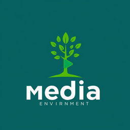 A minimalistic logo design representing the concepts of media and environment, featuring a stylized tree intertwined with a digital element like a pixel or a play button, using a clean and simple color palette of greens and blues to symbolize nature and technology