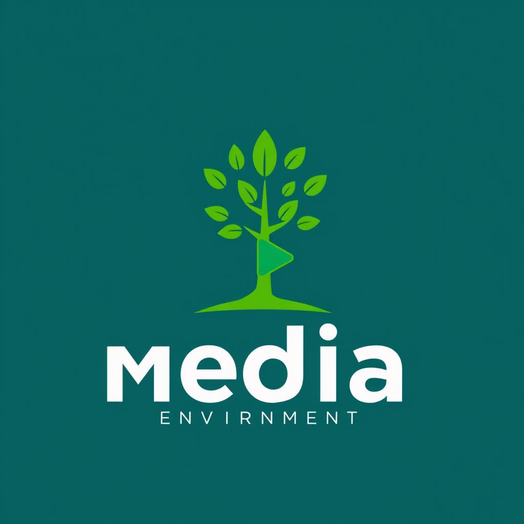 A minimalistic logo design representing the concepts of media and environment, featuring a stylized tree intertwined with a digital element like a pixel or a play button, using a clean and simple color palette of greens and blues to symbolize nature and technology