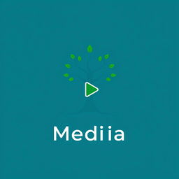 A minimalistic logo design representing the concepts of media and environment, featuring a stylized tree intertwined with a digital element like a pixel or a play button, using a clean and simple color palette of greens and blues to symbolize nature and technology