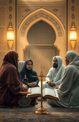 A serene and contemplative setting depicting the concept of human equality as interpreted in Islam, featuring diverse people from various backgrounds sitting together in harmony