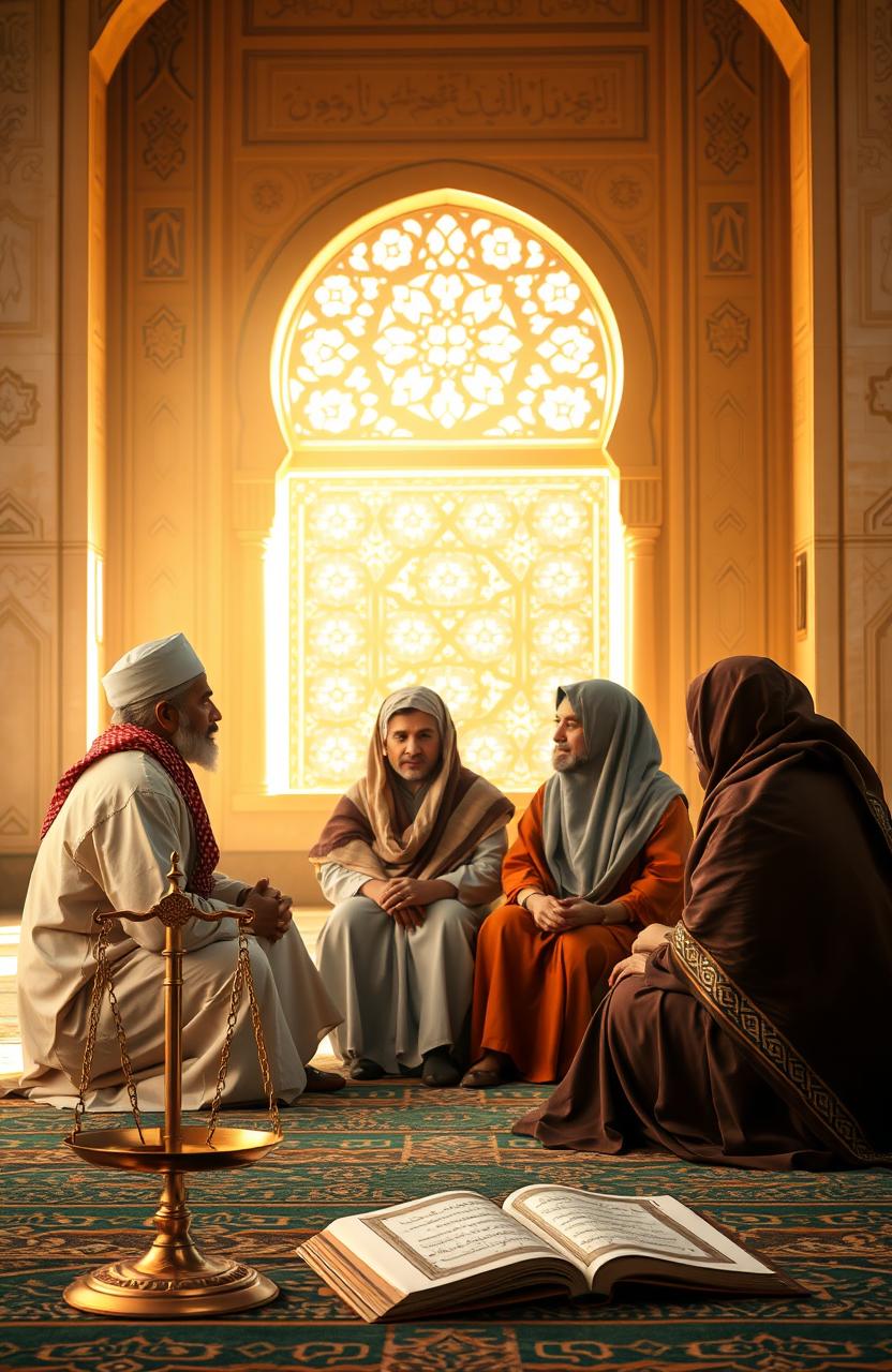 A serene and contemplative setting depicting the concept of human equality as interpreted in Islam, featuring diverse people from various backgrounds sitting together in harmony