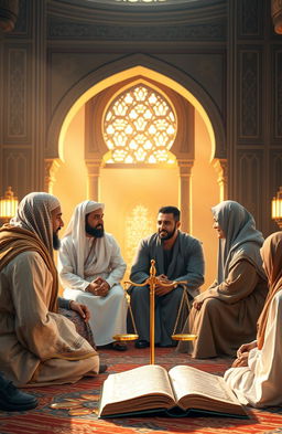 A serene and contemplative setting depicting the concept of human equality as interpreted in Islam, featuring diverse people from various backgrounds sitting together in harmony