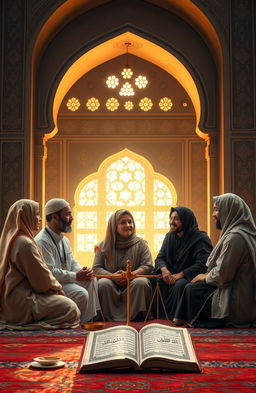 A serene and contemplative setting depicting the concept of human equality as interpreted in Islam, featuring diverse people from various backgrounds sitting together in harmony