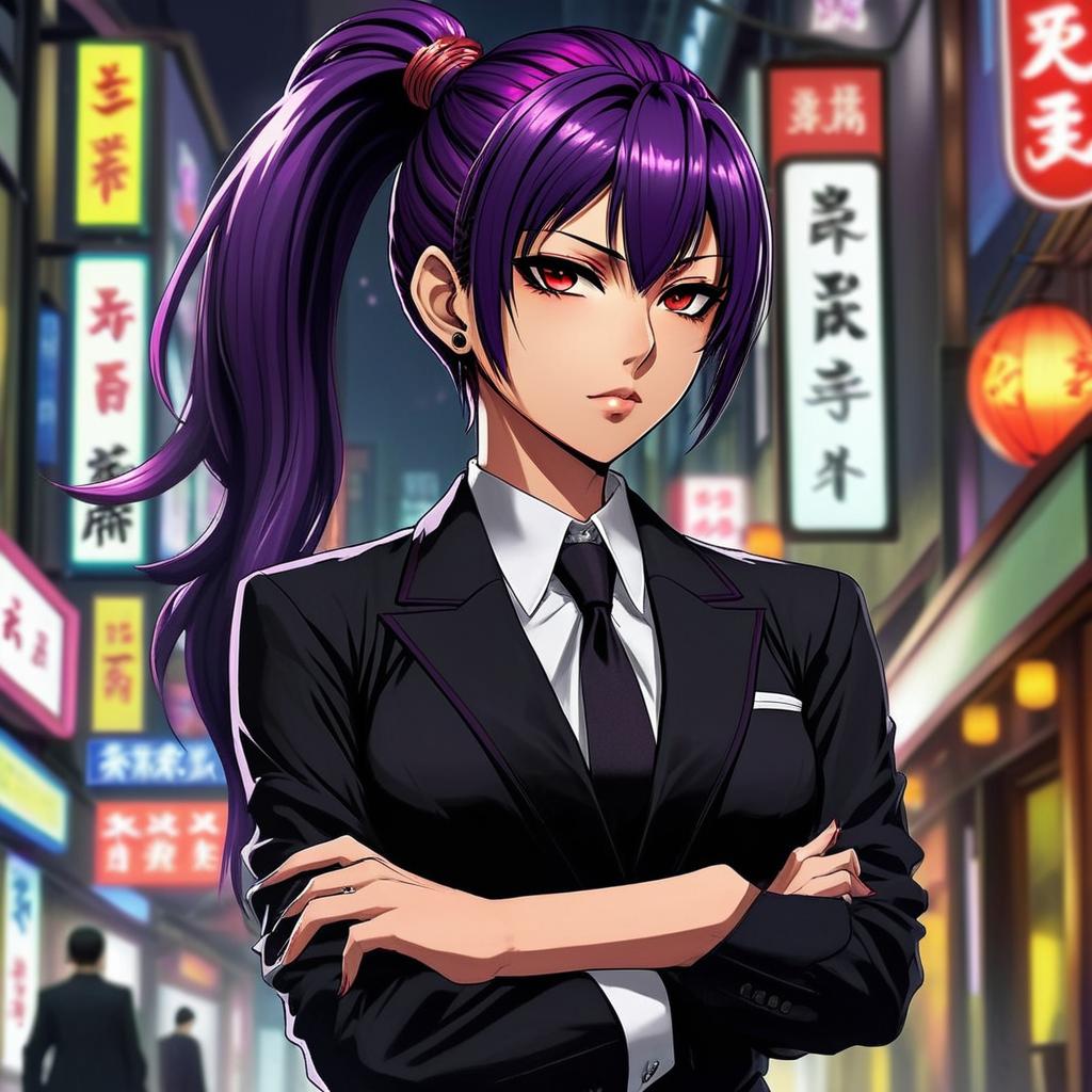 Manga artstyle, tall female yakuza with glossy purple hair in a ponytail with crimson eyes in black yakuza formal suit. Arms crossed with cold stern expression. Detailed in Japan at night.