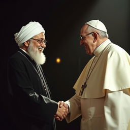 Imam Khomeini and Pope Francis shaking hands in a dark, atmospheric setting