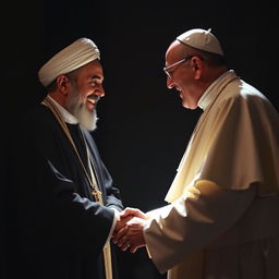Imam Khomeini and Pope Francis shaking hands in a dark, atmospheric setting