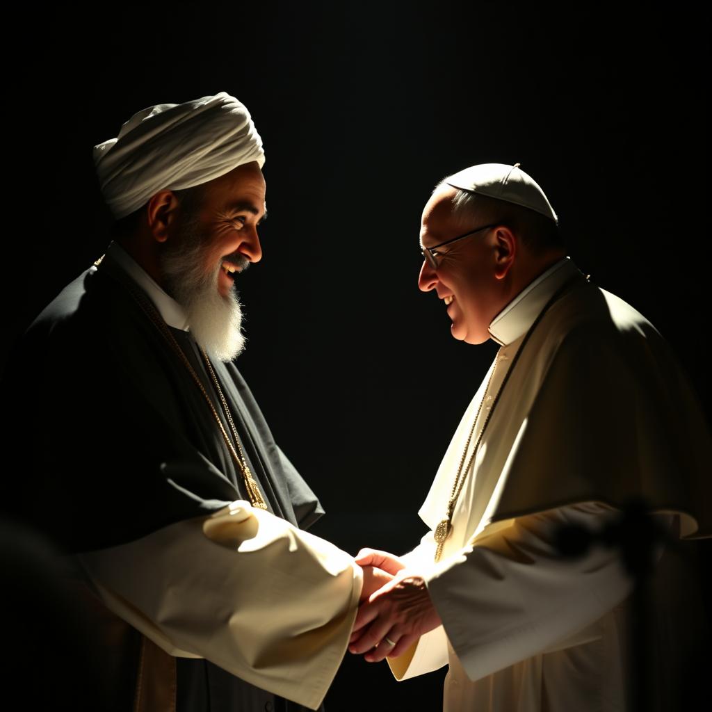 Imam Khomeini and Pope Francis shaking hands in a dark, atmospheric setting
