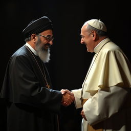 Imam Khomeini and Pope Francis shaking hands in a dark, atmospheric setting