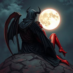The Grim Reaper, with his back facing the viewer, gazes intently at a stunning blood moon glowing in the night sky