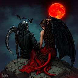 The Grim Reaper, with his back facing the viewer, gazes intently at a stunning blood moon glowing in the night sky
