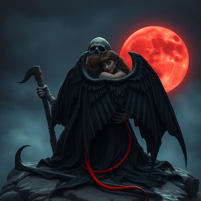 The Grim Reaper, with his back facing the viewer, gazes intently at a stunning blood moon glowing in the night sky