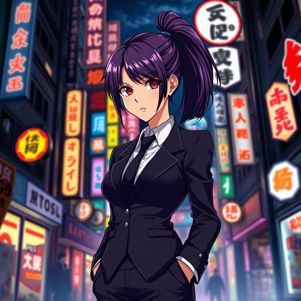 A tall female yakuza character in a sleek black formal suit, featuring glossy purple hair styled in a ponytail and captivating crimson eyes