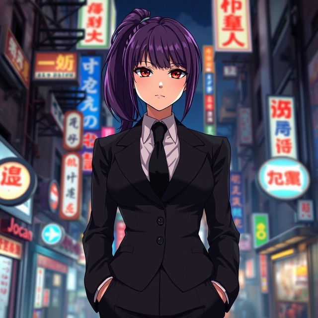 A tall female yakuza character in a sleek black formal suit, featuring glossy purple hair styled in a ponytail and captivating crimson eyes