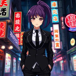 A tall female yakuza character in a sleek black formal suit, featuring glossy purple hair styled in a ponytail and captivating crimson eyes
