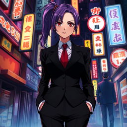 A tall female yakuza character in a sleek black formal suit, featuring glossy purple hair styled in a ponytail and captivating crimson eyes
