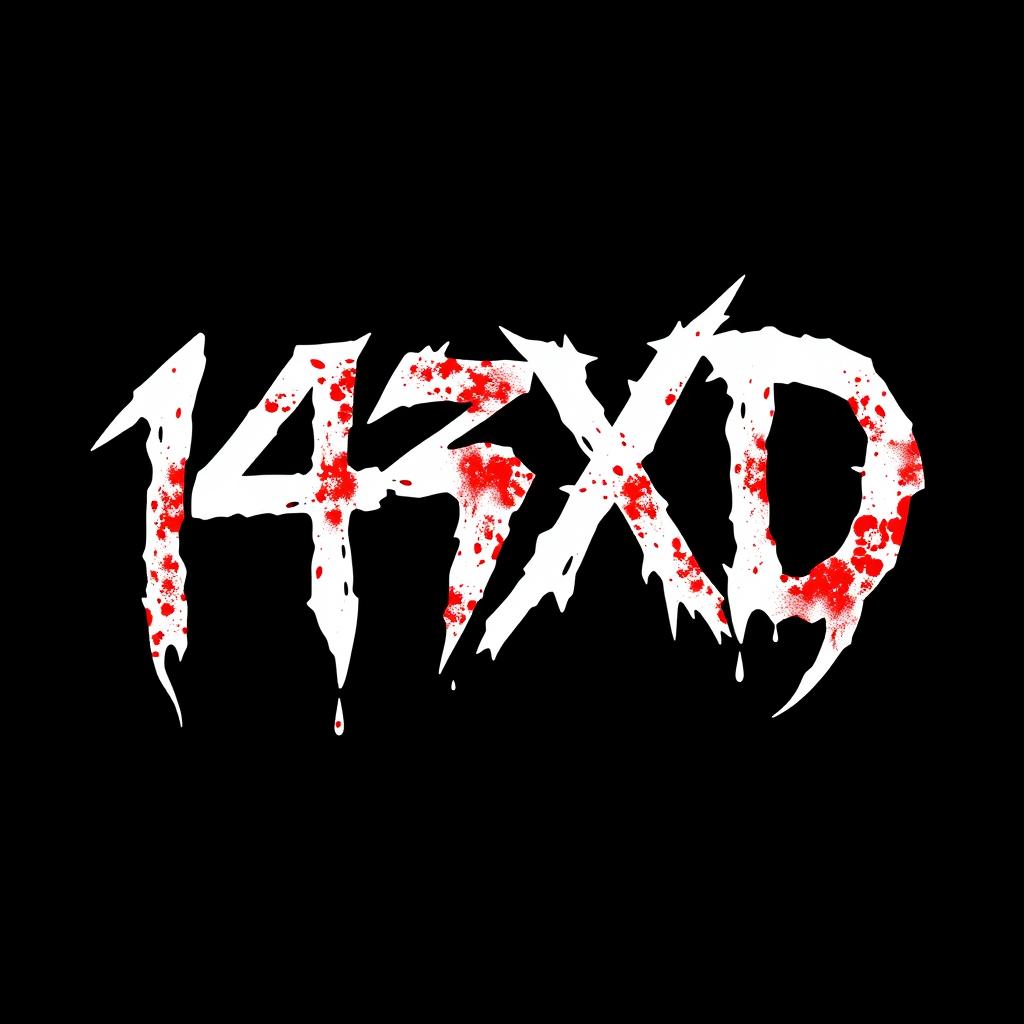 The name '143XD' depicted with a very heavy shade of white, dripping with a deep blood clot color, set against a stark black background