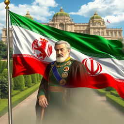 An artistic depiction of the Iranian flag featuring the emblem of the Lion and Sun, with a historical representation of Mohammad Reza Pahlavi, the last Shah of Iran, prominently displayed