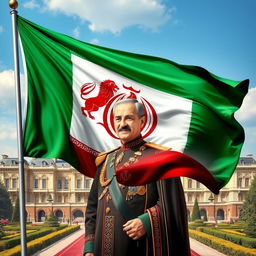 An artistic depiction of the Iranian flag featuring the emblem of the Lion and Sun, with a historical representation of Mohammad Reza Pahlavi, the last Shah of Iran, prominently displayed