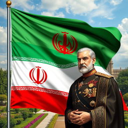 An artistic depiction of the Iranian flag featuring the emblem of the Lion and Sun, with a historical representation of Mohammad Reza Pahlavi, the last Shah of Iran, prominently displayed