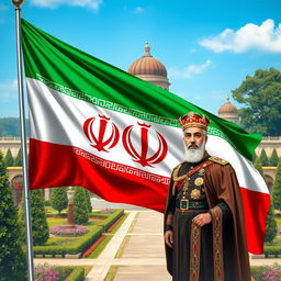 An artistic depiction of the Iranian flag featuring the emblem of the Lion and Sun, with a historical representation of Mohammad Reza Pahlavi, the last Shah of Iran, prominently displayed