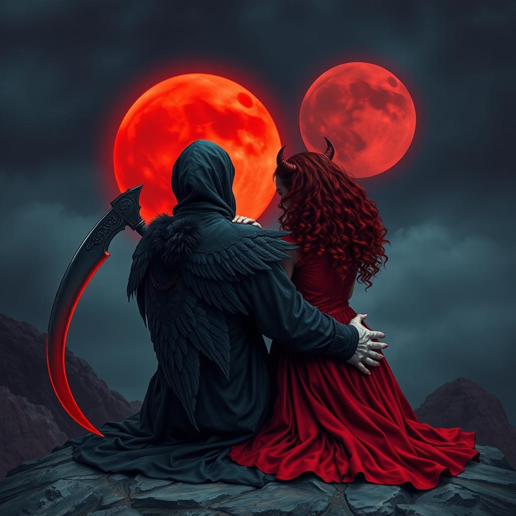 The Grim Reaper, with his back facing the viewer, gazes thoughtfully at a haunting blood moon illuminating the night sky with its eerie crimson light