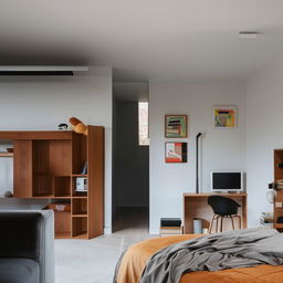 An organized, modern bachelor studio filled with essential furniture like a bed, a table, a chair, a bookshelf, a kitchenette and decorated with minimalistic art on the walls.