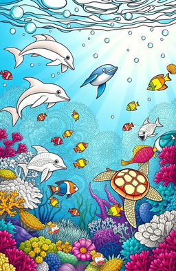 A captivating and intricate colouring book page designed for adults, featuring a whimsical underwater scene filled with various sea creatures such as playful dolphins, colorful fish, and graceful sea turtles