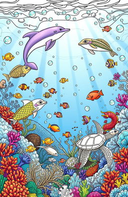 A captivating and intricate colouring book page designed for adults, featuring a whimsical underwater scene filled with various sea creatures such as playful dolphins, colorful fish, and graceful sea turtles