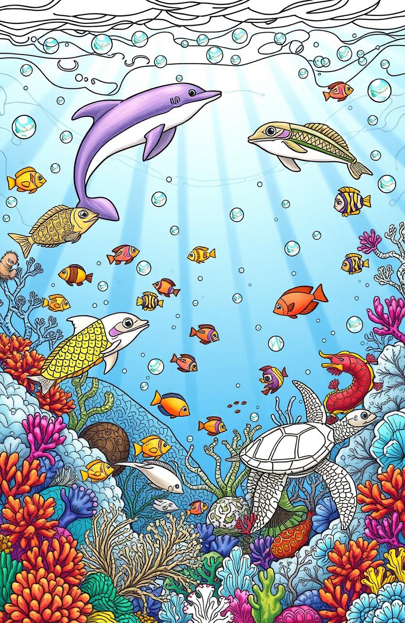 A captivating and intricate colouring book page designed for adults, featuring a whimsical underwater scene filled with various sea creatures such as playful dolphins, colorful fish, and graceful sea turtles