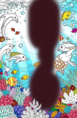 A captivating and intricate colouring book page designed for adults, featuring a whimsical underwater scene filled with various sea creatures such as playful dolphins, colorful fish, and graceful sea turtles