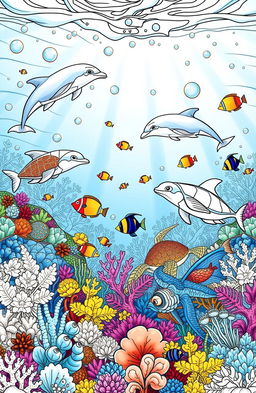 A captivating and intricate colouring book page designed for adults, featuring a whimsical underwater scene filled with various sea creatures such as playful dolphins, colorful fish, and graceful sea turtles