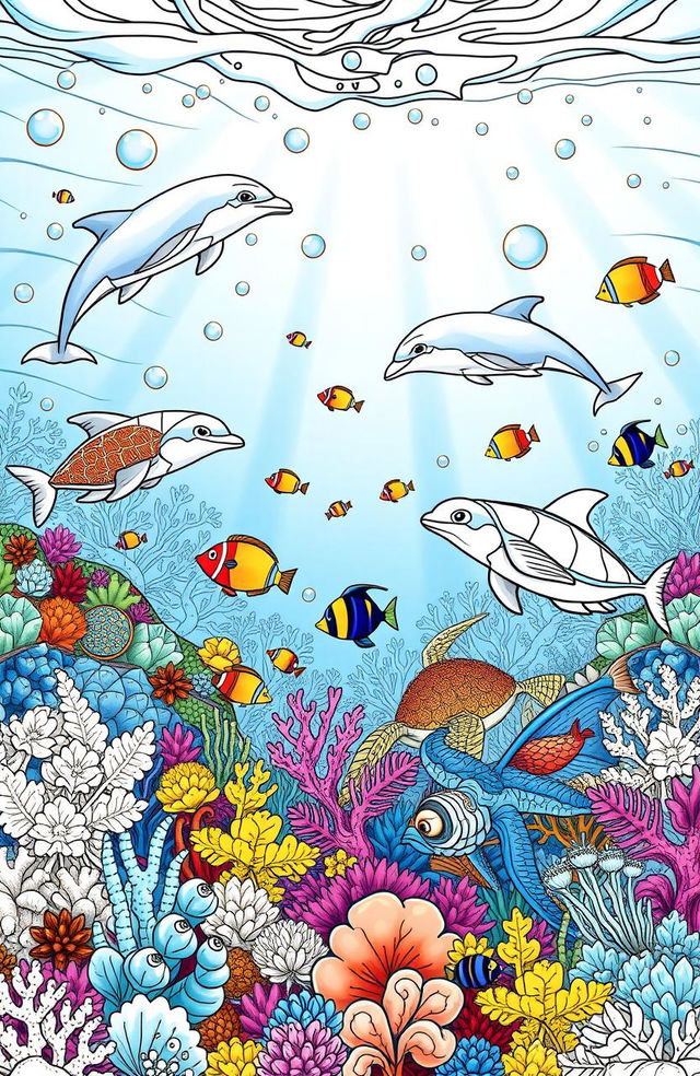 A captivating and intricate colouring book page designed for adults, featuring a whimsical underwater scene filled with various sea creatures such as playful dolphins, colorful fish, and graceful sea turtles
